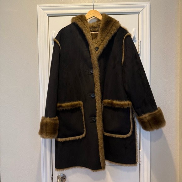 Dennis Basso Reversible Coat Black Brown Faux Suede Faux Fur Hooded Sz Large - Picture 2 of 9
